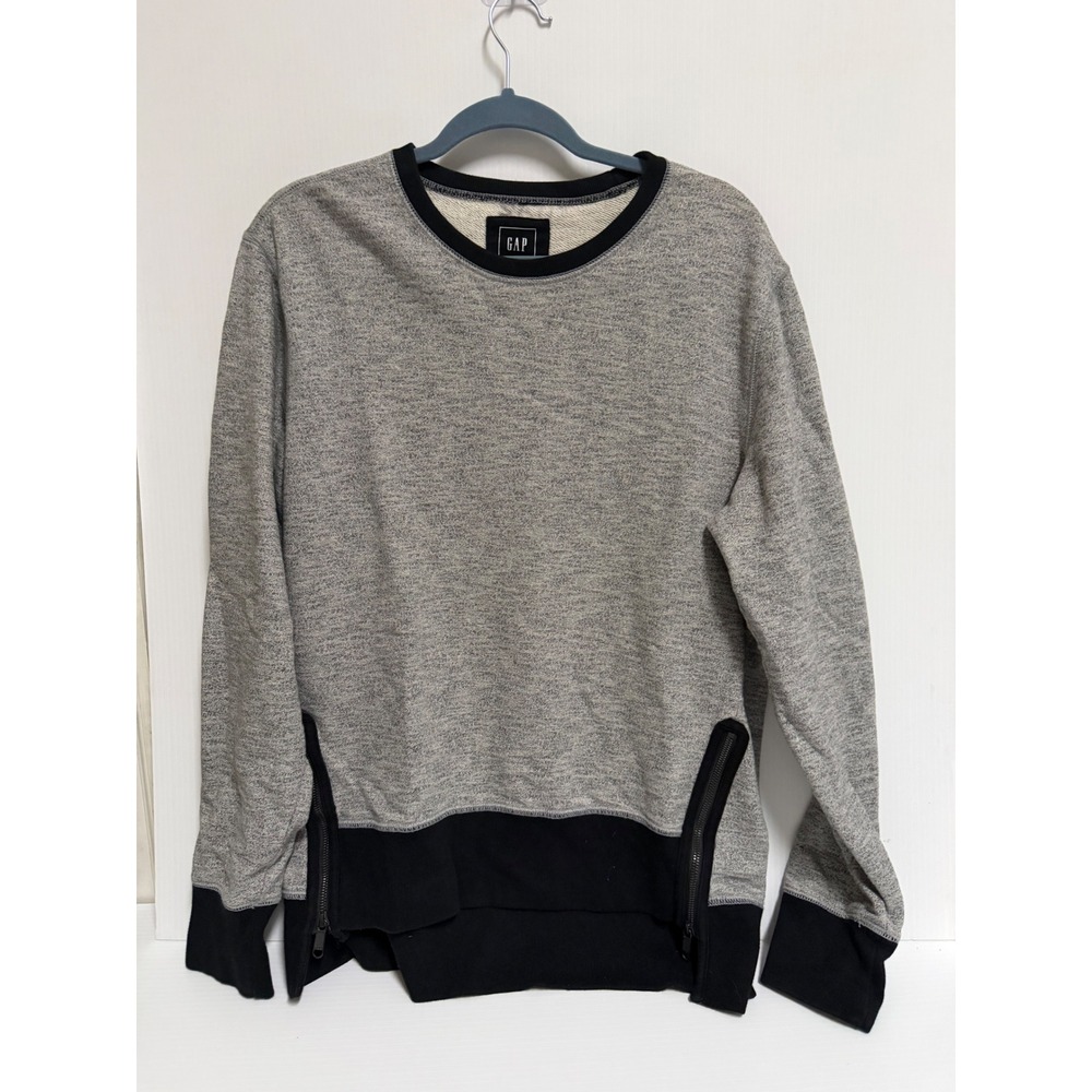 Gap Mens Large Grey Marl Crewneck Sweatshirt Side Zippers Black Trim Long Sleeve